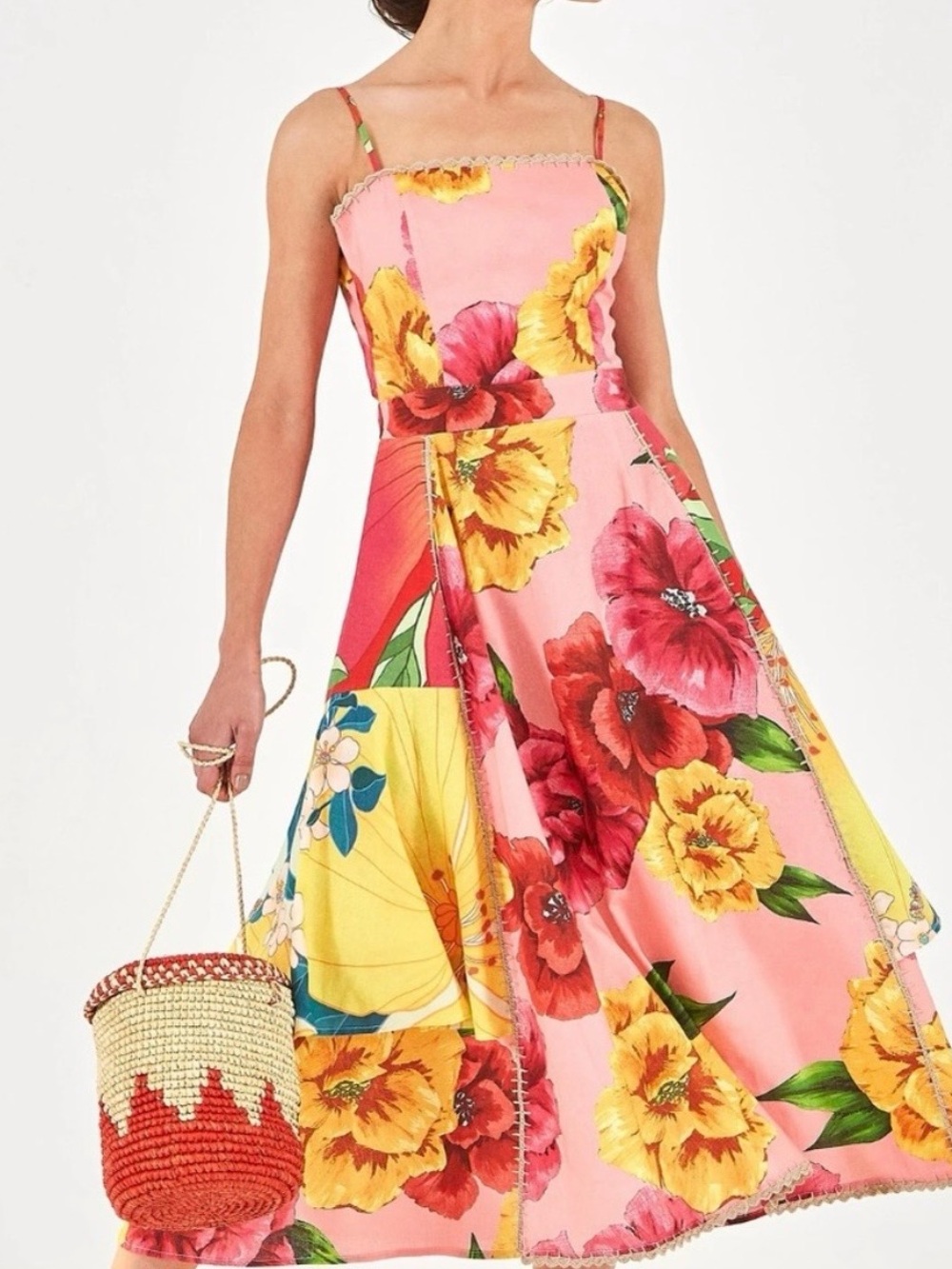 FARM Rio Pink Floral Midi Dress with Yellow & Red Blooms